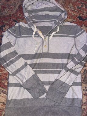 American Eagle Outfitters Gray and Light Gray Striped Hooded Henley